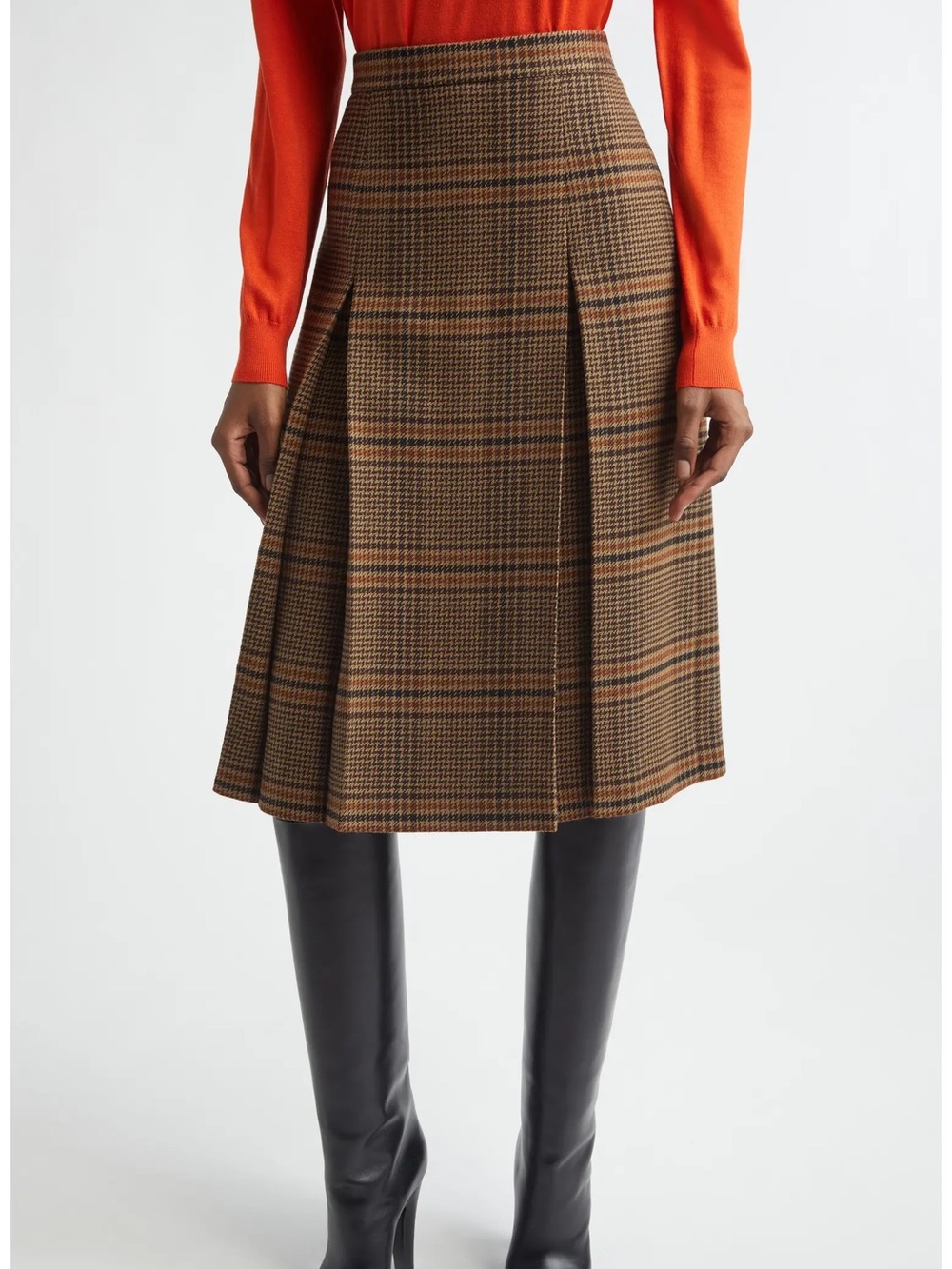 Saint Laurent Prince of Wales Plaid Wool Midi Skirt